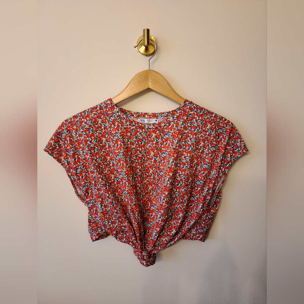 Zara Floral Tie Crop Top, S, Red, green, blue and white